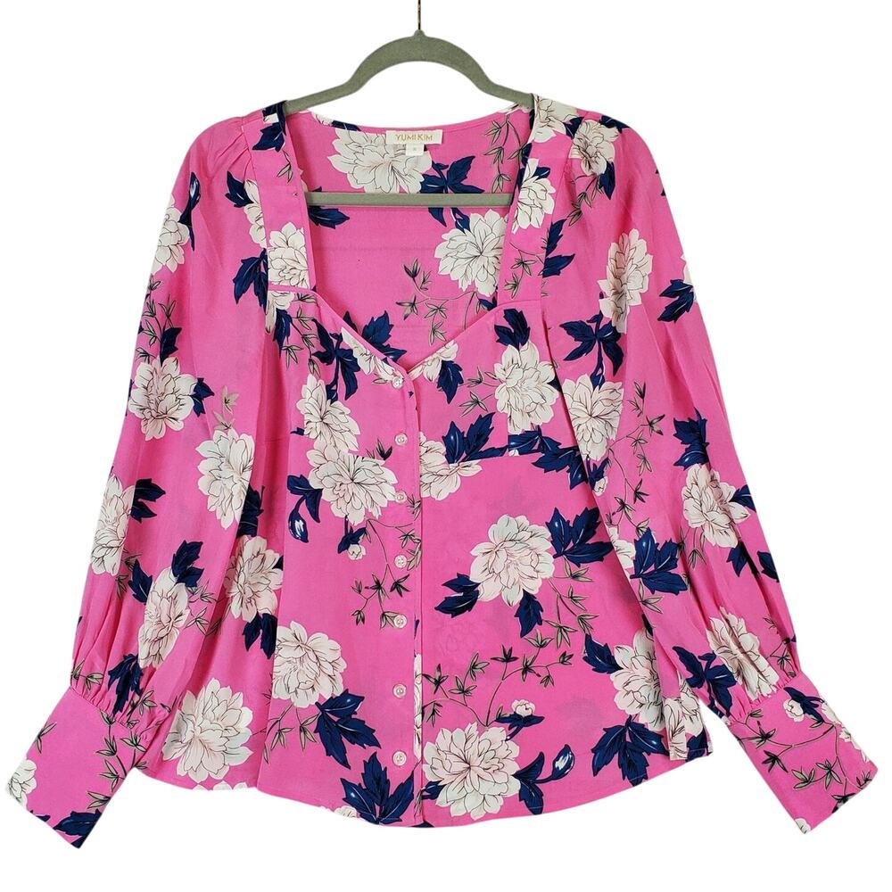 Yumi Kim Velvet Morning Hot Pink Floral Blouse S Silky Puff Sleeves Tropical Top